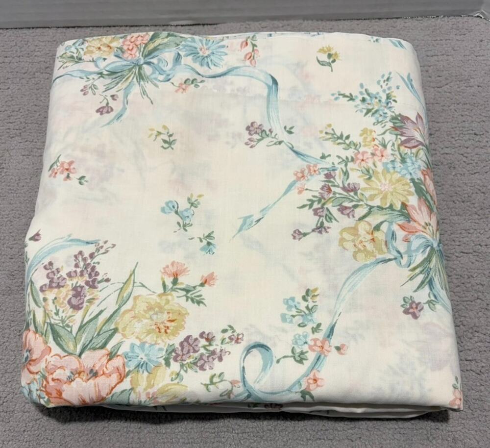Vintage Pequot Flat Sheet Double Bed Floral Ribbon Pastel Y2K 90s USA